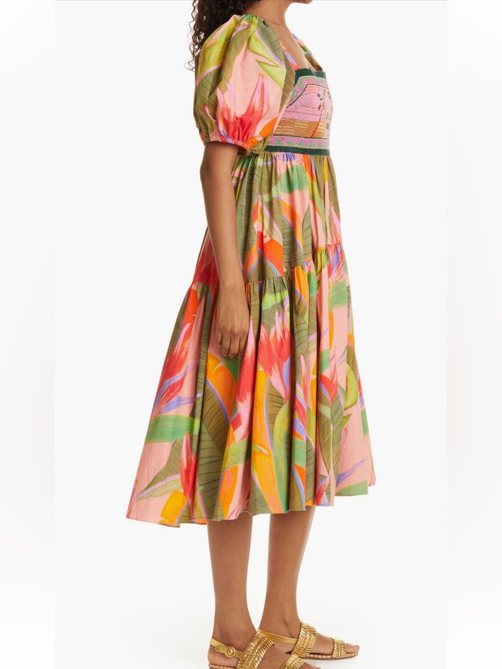 FARM Rio Multicolor Tropical-Leaf Tiered Midi Dress - Picture 3 of 8